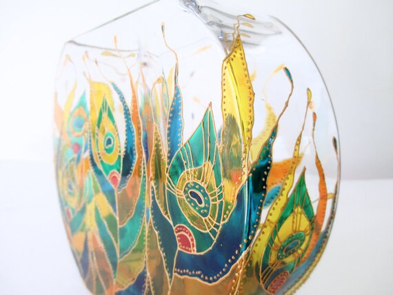 Peacock Feather Hand Painted Glass Vase Peacock Feather Etsy