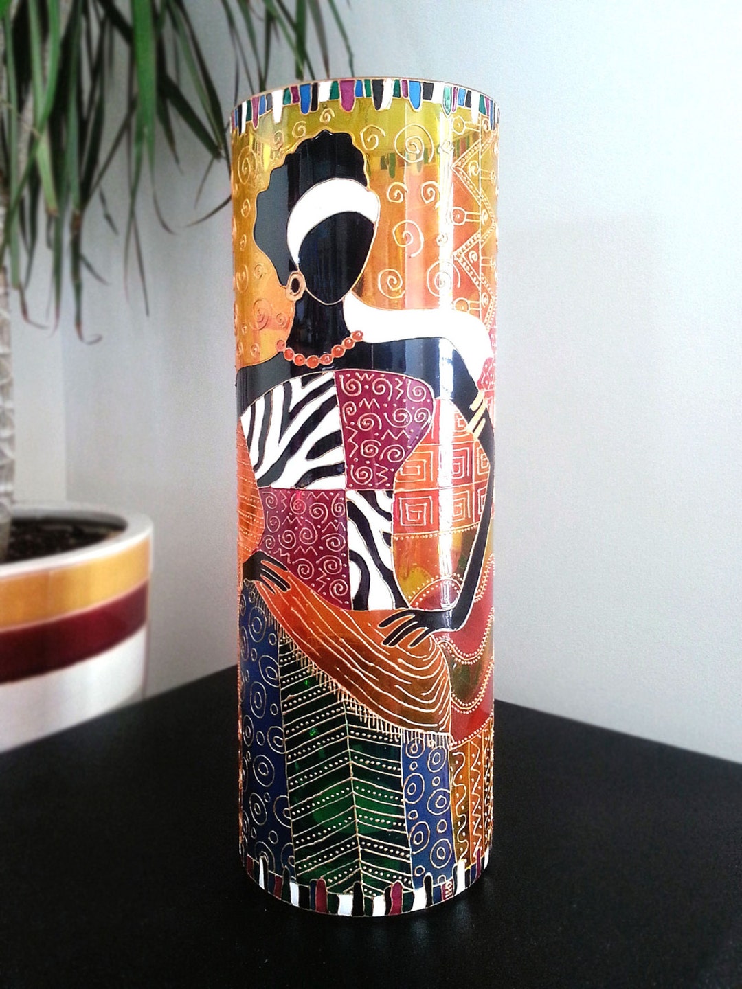 AFRICAN VASE Hand Painted Glass Home Decor Center Piece Etsy