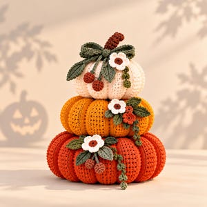 Pode incluir: Uma pilha de três abóboras de crochê nas cores creme, laranja e vermelho. Cada abóbora apresenta uma superfície texturizada com nervuras, um caule castanho escuro e detalhes decorativos, incluindo folhas verdes, flores brancas e bagas.