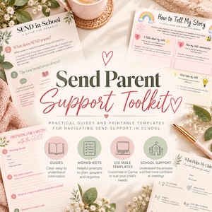 May include: A Send Parent Support Toolkit featuring printed guides and templates for school navigation. The documents include sections titled How to Tell My Story, Preparing for a Meeting with the SENCO, and What Helps My Child.
