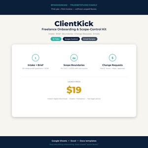 ClientKick Frilans Onboarding Kit | Intagningsöversikt Omfattningskontroll | Ändringsförfrågan + E-postskript | Kalkylblad