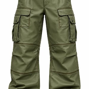 Men’s Olive Green Cargo Pants, Utility Streetwear Trousers with Buckle Straps and Drawstring Hem, New Design