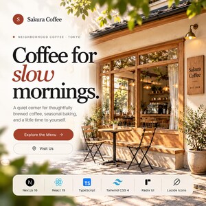 Peut inclure: Un graphique promotionnel pour Sakura Coffee à Tokyo montrant l'extérieur d'un café avec une devanture en bois, une petite table ronde et deux chaises pliantes. Le texte inclut 'Coffee for slow mornings', 'Explore the Menu', 'Visit Us' et des icônes.