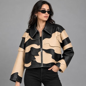Women’s Black Beige Cropped Sheepskin Leather Jacket, Patchwork Zip Jacket