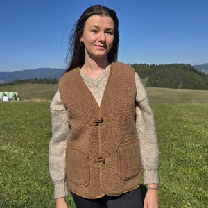 Brown Wool Teddy Vest for Women, Suede Trim, Toggle Closures, Boho Waistcoat