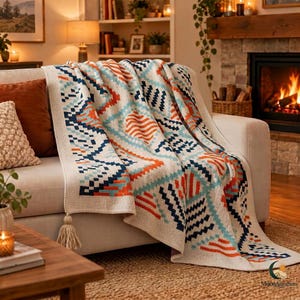 May include: A cream-colored throw blanket featuring a geometric pattern in shades of orange, teal, and dark blue. The blanket has a textured knit construction and is finished with a decorative tassel at the corner, draped over a sofa.