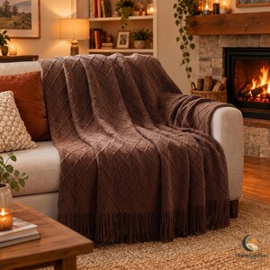 Brown Nordic Diamond Knit Throw Blanket, Acrylic Cable Knit, Fringed Sofa Cover