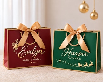 Personalized Christmas Gift Bag, Custom Name Holiday Paper Bag with Satin Bow,Christmas Gift Wrapping Bag, Christmas Party Favor Bags
