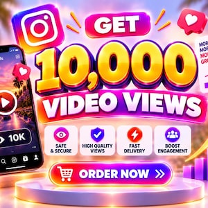 May include: A digital graphic promoting 10,000 video views featuring a smartphone displaying an Instagram Reels interface, bold yellow text, and icons for safe, secure, high-quality views, fast delivery, and boosted engagement with a shopping button.