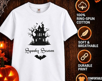 Spooky Season Kids Halloween T-Shirt | Haunted House, Bats (100% cotton)