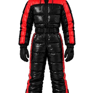 May include: A glossy black and red insulated one-piece ski suit with a hood, a front zip, and a waist belt. The suit features horizontal quilted panels, long sleeves with red side stripes, matching red leg stripes, black gloves, and black boots.