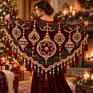 May include: A deep red crochet shawl featuring intricate cream-colored lace ornaments, green holly leaves, and red berries. The shawl is adorned with hanging cream pearls, red teardrop-shaped beads, and deep red tassels along the scalloped edge.
