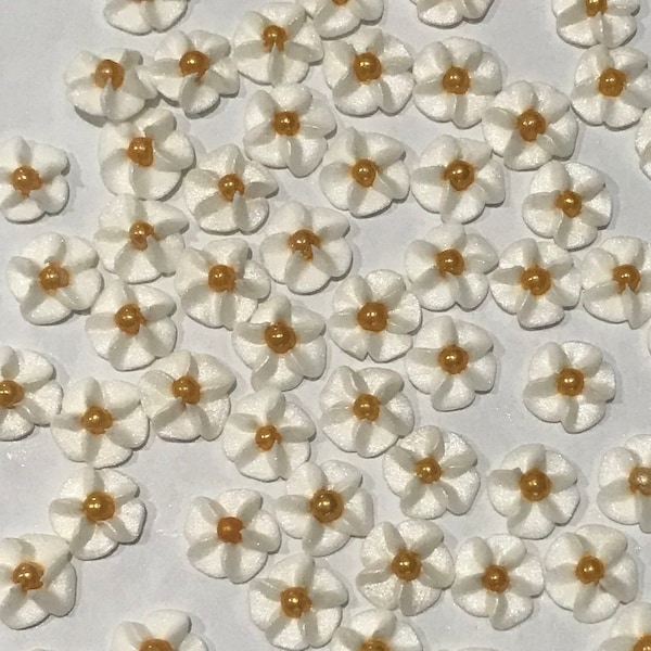 100 White Royal Icing Flowers with Gold Centers