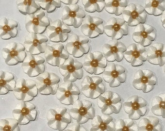100 White Royal Icing Flowers with Gold Centers