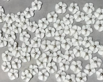 White Royal Icing Flowers with Silver Dragee Center (100)