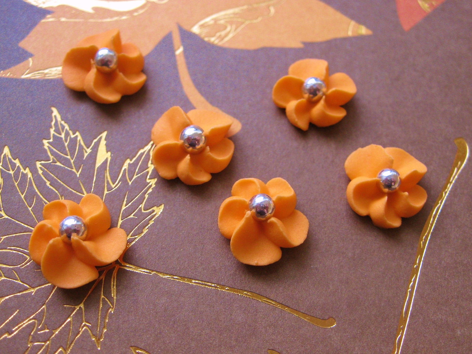 Orange Royal Icing Flowers with Silver Dragee Center (100)
