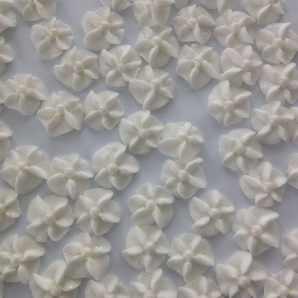 100 White Royal Icing Flowers with Sparkles