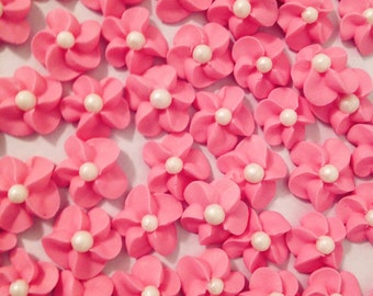 Hot Pink Royal Icing Flowers with White Sugar Pearl Center (100)