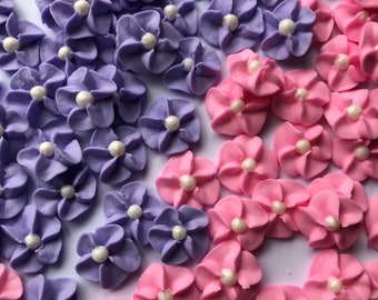 Pink and Purple Royal Icing Flowers with White Sugar Pearl Center (100)