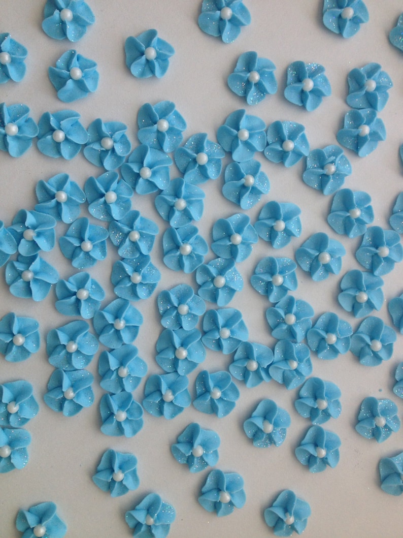 Baby Blue Royal Icing Flowers with Sparkles image 1