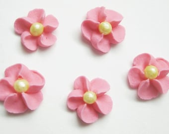 Pink Royal Icing Flowers Pink with Yellow Sugar Pearl Center (100)