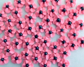 Hot Pink Royal Icing Flowers with Black Sugar Pearl Center (100)