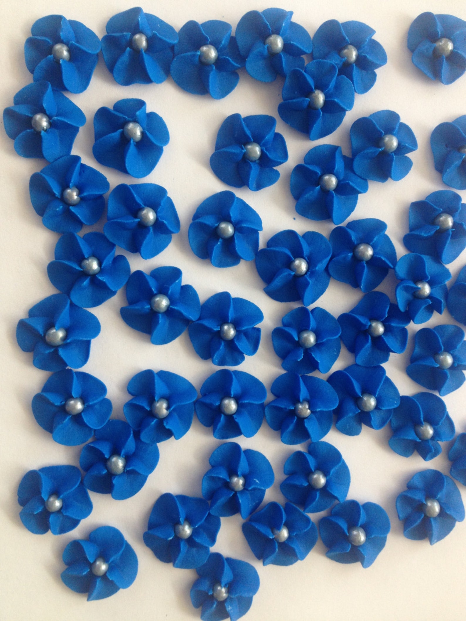 Dark Blue Royal Icing Flowers With Silver Sugar Pearl Center Etsy
