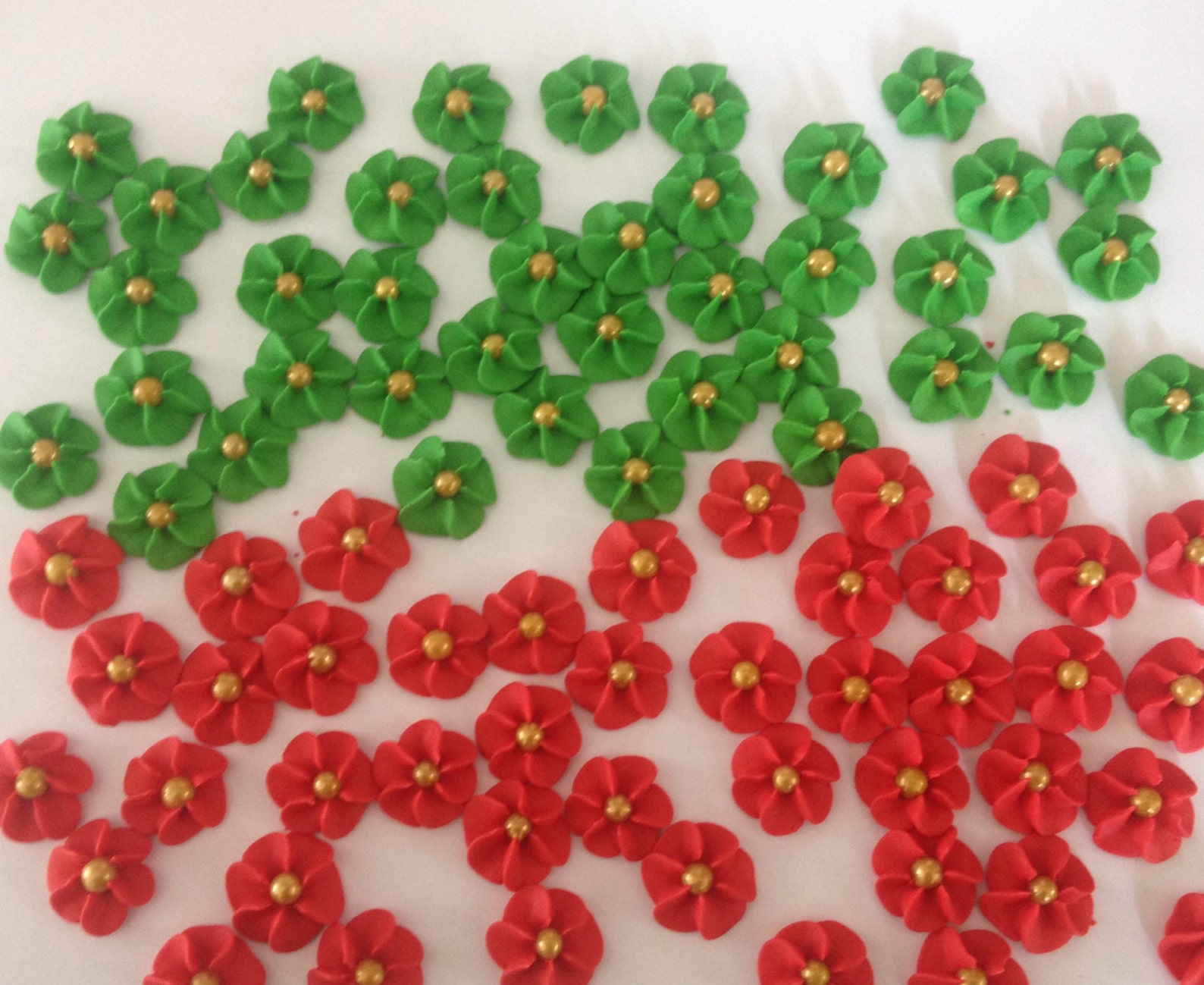 Red And Green Royal Icing Flowers With Gold Pearl Center 100 Etsy