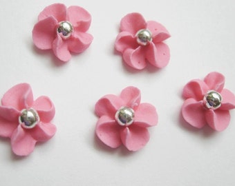 Pink Royal Icing Flowers with Silver Dragee Center (100)