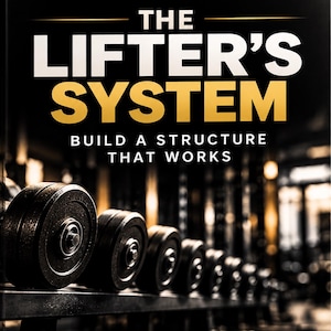May include: A book cover titled Phil Vincer Bodybuilding The Lifter's System Build A Structure That Works with Personal > Perfect at the bottom. The background features a row of black weight plates on a rack in a gym setting.