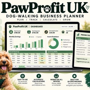 May include: A digital dog-walking business planner Excel template titled PawProfit UK displayed on a laptop, tablet, and smartphone screen. The interface features dashboards, pricing calculators, and client lists with green and white colour schemes.