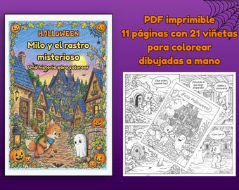 Puede incluir: Un libro para colorear en PDF imprimible titulado Halloween Milo y el rastro misterioso, con 11 páginas y 21 viñetas dibujadas a mano. La portada muestra un zorro y un fantasma en un pueblo, y las páginas interiores contienen arte lineal en blanco y negro.