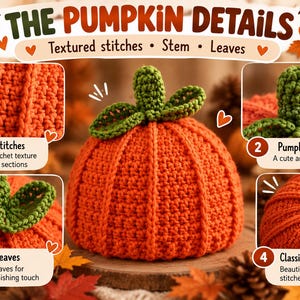 May include: A crochet pumpkin with orange yarn, featuring vertical textured stitches, a green stem, and green leaves. The image includes text labels: THE PUMPKIN DETAILS, Textured stitches, Stem, Leaves, 1 Textured stitches, 2 Pumpkin stem, 3 Crochet leaves, 4 Classic pumpkin shape.