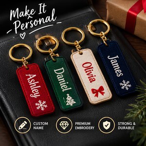 Custom Embroidered Christmas Name Keychain, Personalized Holiday Keyring, Christmas Name Gift, Custom Keychain, Festive Embroidery