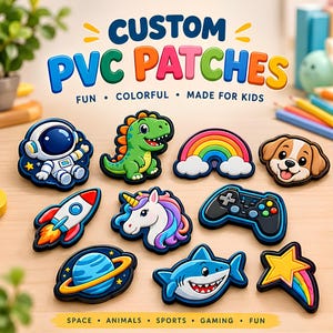 May include: A collection of colorful PVC patches featuring various designs including an astronaut, a green dinosaur, a rainbow, a puppy, a rocket, a unicorn, a game controller, a planet with rings, a shark, and a shooting star.