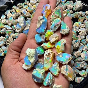 May include: A collection of raw, unpolished opal stones featuring iridescent flashes of blue, green, yellow, and orange. The stones have a rough, natural texture with white, rocky matrix material attached to the edges, displayed in a black tray.