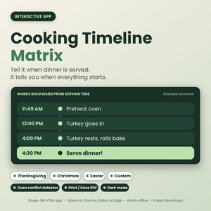 Interactive Cooking Timeline Matrix App, Holiday Dinner Planner (HTML Download)