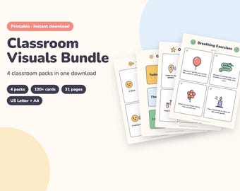 Classroom Visuals Bundle Printable, Voice Level Chart, Circle Time Board, Class Rules, Job Chart, Breathing Cards (PDF)