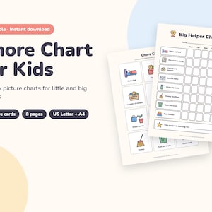 Op de afbeelding: Een printbare takenkaart voor kinderen met de tekst Big Helper Chores en een wekelijks rooster met iconen voor taken zoals het bed opmaken, kleding opruimen, de was doen, de tafel dekken, de tafel afnemen, vegen en het vuilnis buiten zetten.