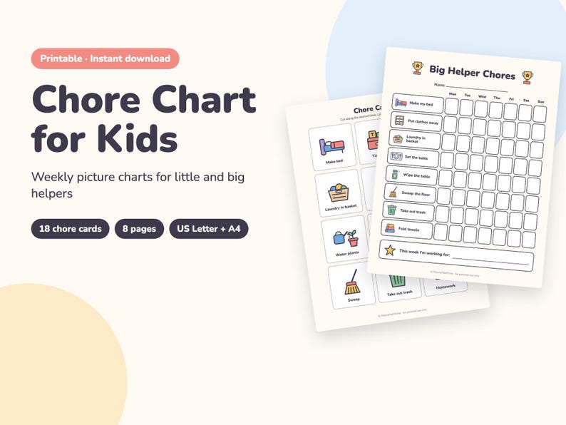 Op de afbeelding: Een printbare takenkaart voor kinderen met de tekst Big Helper Chores en een wekelijks rooster met iconen voor taken zoals het bed opmaken, kleding opruimen, de was doen, de tafel dekken, de tafel afnemen, vegen en het vuilnis buiten zetten.