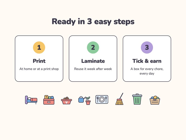 Op de afbeelding: Een instructieve afbeelding met de titel Ready in 3 easy steps met drie genummerde vakken: 1 Print, 2 Laminate en 3 Tick & earn. Daaronder staan acht kleurrijke iconen die huishoudelijke taken voorstellen: bed, speelgoedkist, voerbak, plant, tafelsetting, bezem, prullenbak en wasmand.