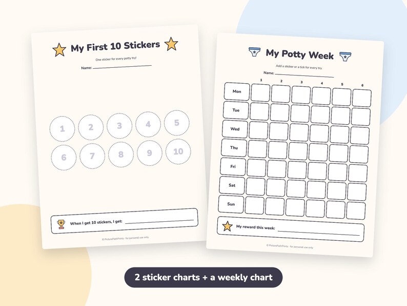 May include: Two white paper potty training charts. The left chart is titled My First 10 Stickers with ten numbered circles. The right chart is titled My Potty Week with a grid for seven days and six columns. Both include lines for names and rewards.