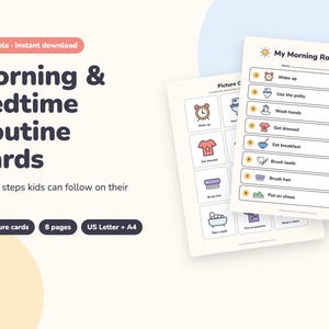 May include: A set of printable morning and bedtime routine cards featuring numbered lists with icons for tasks like waking up, using the potty, washing hands, getting dressed, eating breakfast, brushing teeth, brushing hair, and putting on shoes.