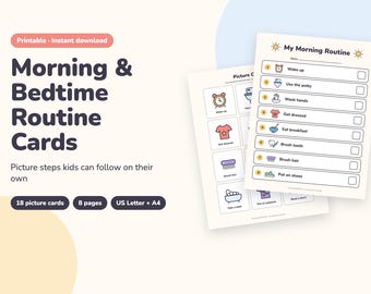 Tabla de rutinas matutinas y nocturnas para niños, horario visual imprimible con tarjetas ilustradas (PDF)