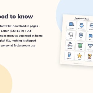 May include: A digital document titled Potty Picture Cards featuring twelve colorful icons with text labels for bathroom routines, including pants down, sit on the potty, use the toilet, wipe, flush, pants up, wash hands, dry hands, big kid pants, drink water, I did it, and great job.