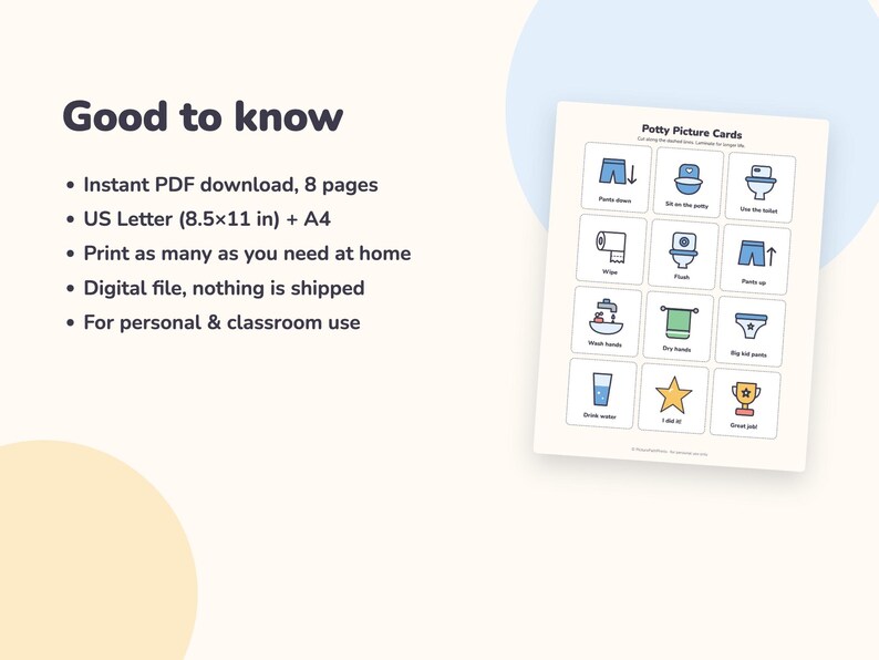 May include: A digital document titled Potty Picture Cards featuring twelve colorful icons with text labels for bathroom routines, including pants down, sit on the potty, use the toilet, wipe, flush, pants up, wash hands, dry hands, big kid pants, drink water, I did it, and great job.