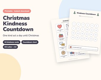 Christmas Kindness Advent Calendar Printable, Kids Countdown to Christmas, 24 Kindness Cards and Chart (PDF)