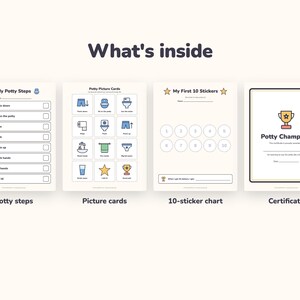 May include: A set of four educational potty training documents titled What's inside. Includes a My Potty Steps checklist, a sheet of Potty Picture Cards, a My First 10 Stickers chart with numbered circles, and a Potty Champion certificate with a trophy icon.