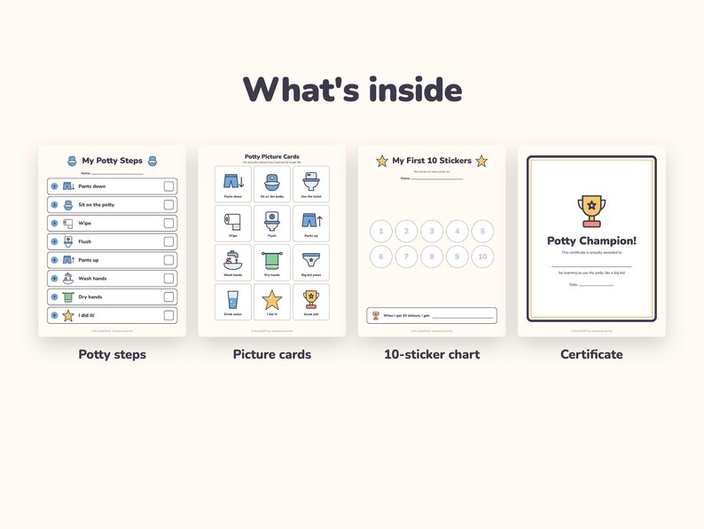 May include: A set of four educational potty training documents titled What's inside. Includes a My Potty Steps checklist, a sheet of Potty Picture Cards, a My First 10 Stickers chart with numbered circles, and a Potty Champion certificate with a trophy icon.