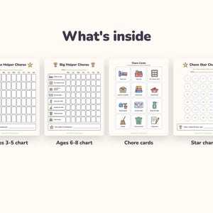 Op de afbeelding: Een set van vier printbare takenkaarten en kaarten met de titel What's inside. Bevat een Little Helper Chores kaart voor 3-5 jaar, een Big Helper Chores kaart voor 6-8 jaar, een vel met twaalf kleurrijke takenkaarten en een genummerde sterrenkaart.